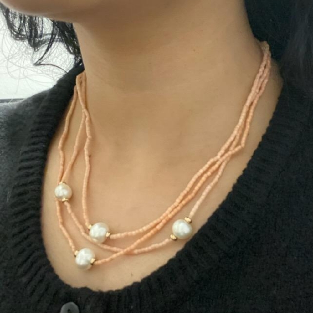 ⚜️Coral And Pearl Beaded Necklace With 14KG Beads & Clasp